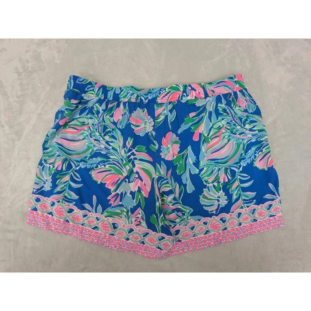 Lilly Pulizer Women's Large Shorts Blue Pink Coastal Flowy Classic Elastic Waist
